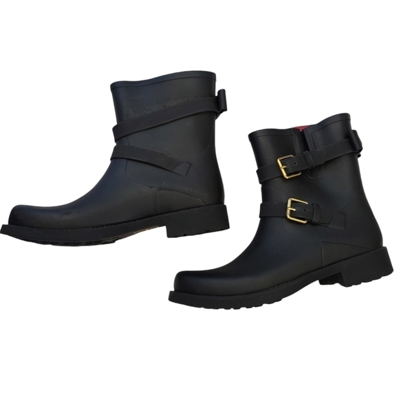 KATE SPADE  PAMELA Rain Moto Black Size 11 Rubber Bow Gold Buckles Ankle Pull On - Picture 4 of 10